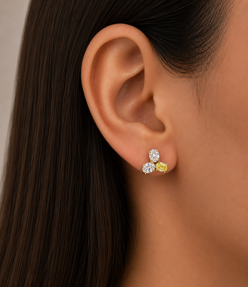 14KT Two Tone  Fancy Yellow Tri-studs Diamond  Earrings 3.20CTW
