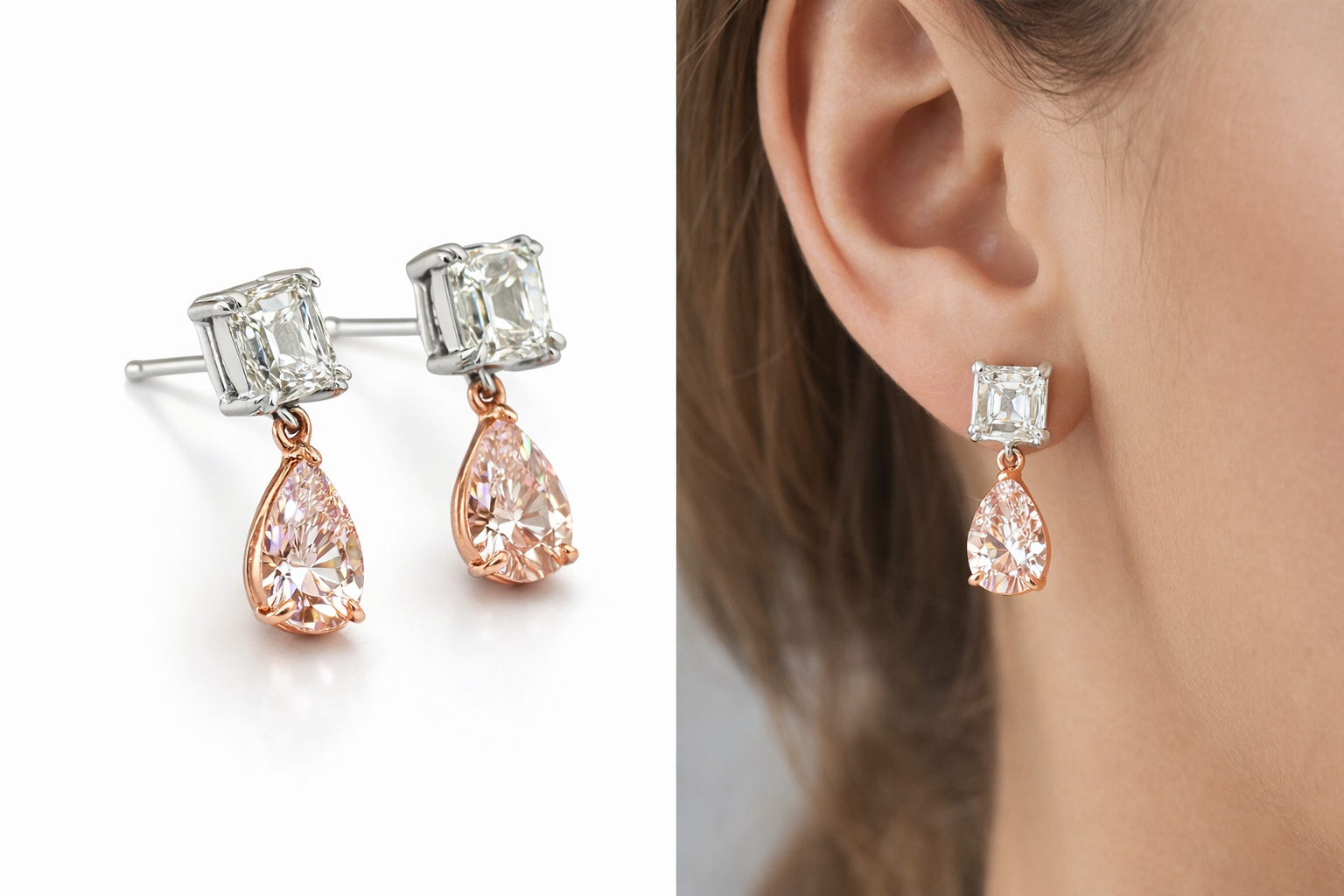 14K white and rose gold fancy pink diamond drop earrings with sparkling pink gemstones and elegant design by Colorlabdiamonds