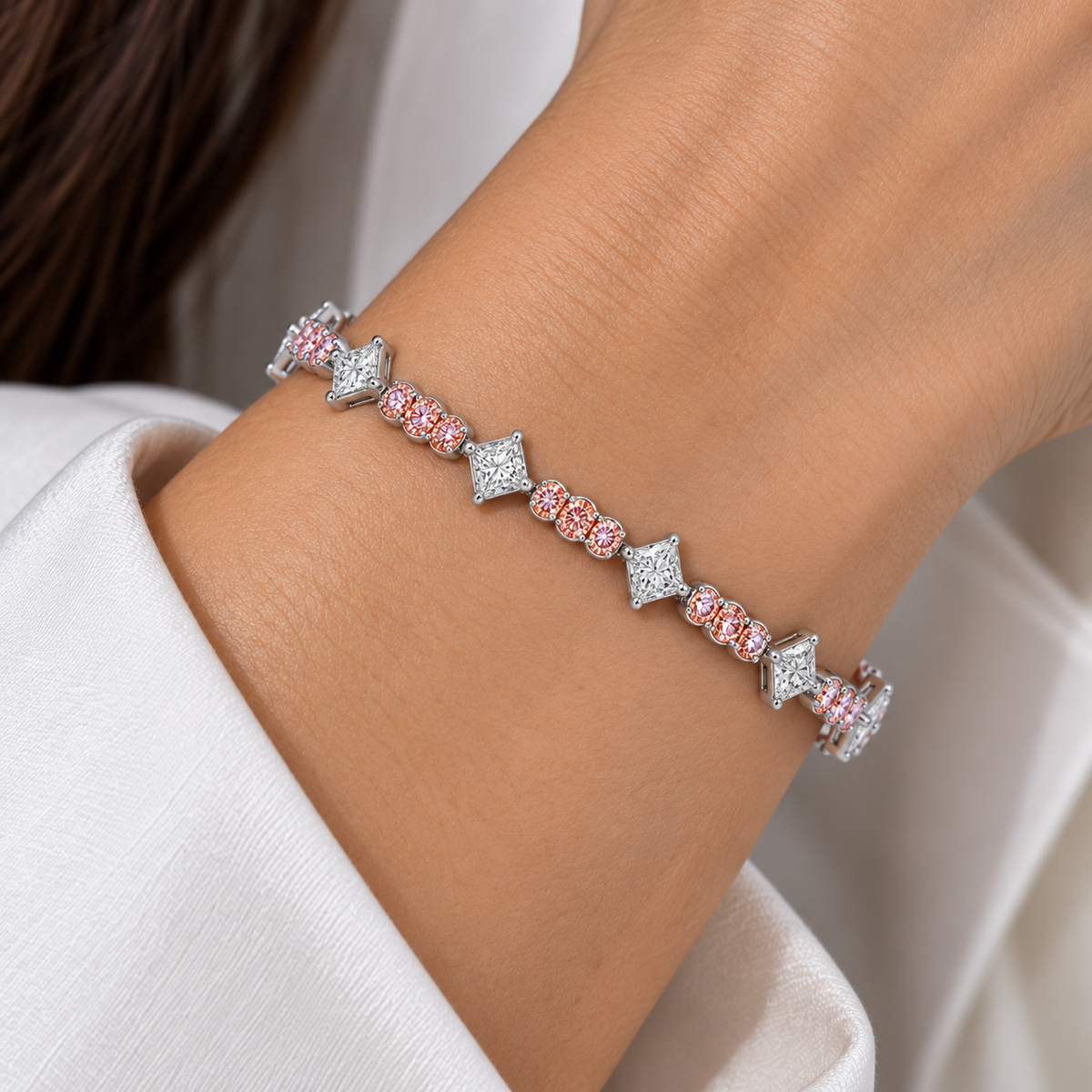 Colorlabdiamonds 18KT white gold pink diamond bracelet with round and princess cut stones, 4.50ctw, elegant jewelry piece