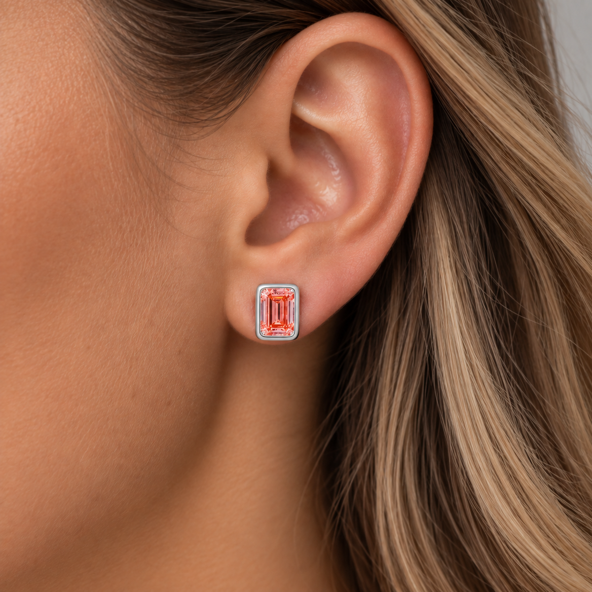 18K white gold fancy pink diamond stud earrings with emerald cut, 1.23 carats, from Colorlabdiamonds, showcasing sparkling pink gemstones.