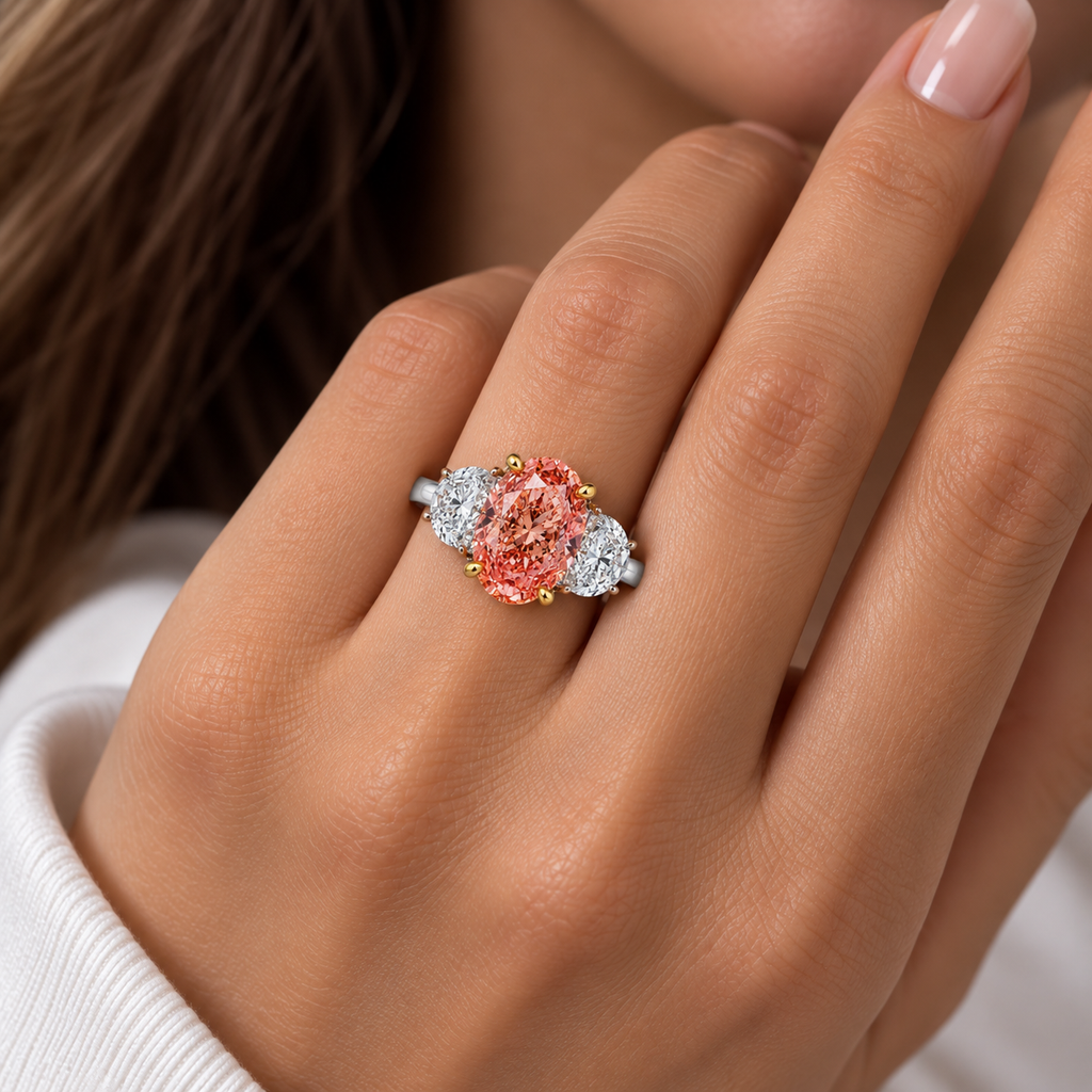 18k white gold pink diamond ring with oval cut stones, 5.64 carats total weight, by Colorlabdiamonds.