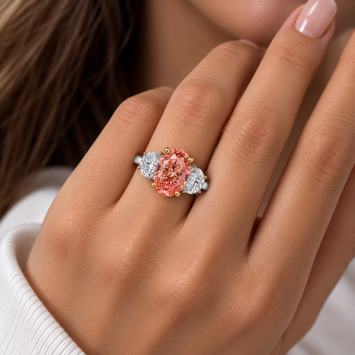 18k white gold pink diamond ring with oval cut stones, 5.64 carats total weight, by Colorlabdiamonds.