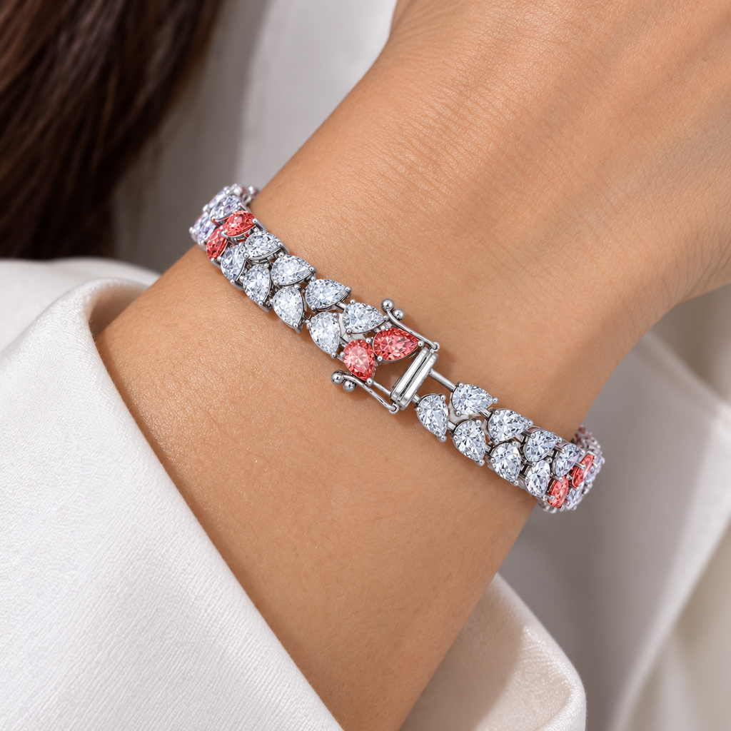 18KT white gold bracelet with pink and white diamonds, featuring 15.12 carats total weight, by Colorlabdiamonds.