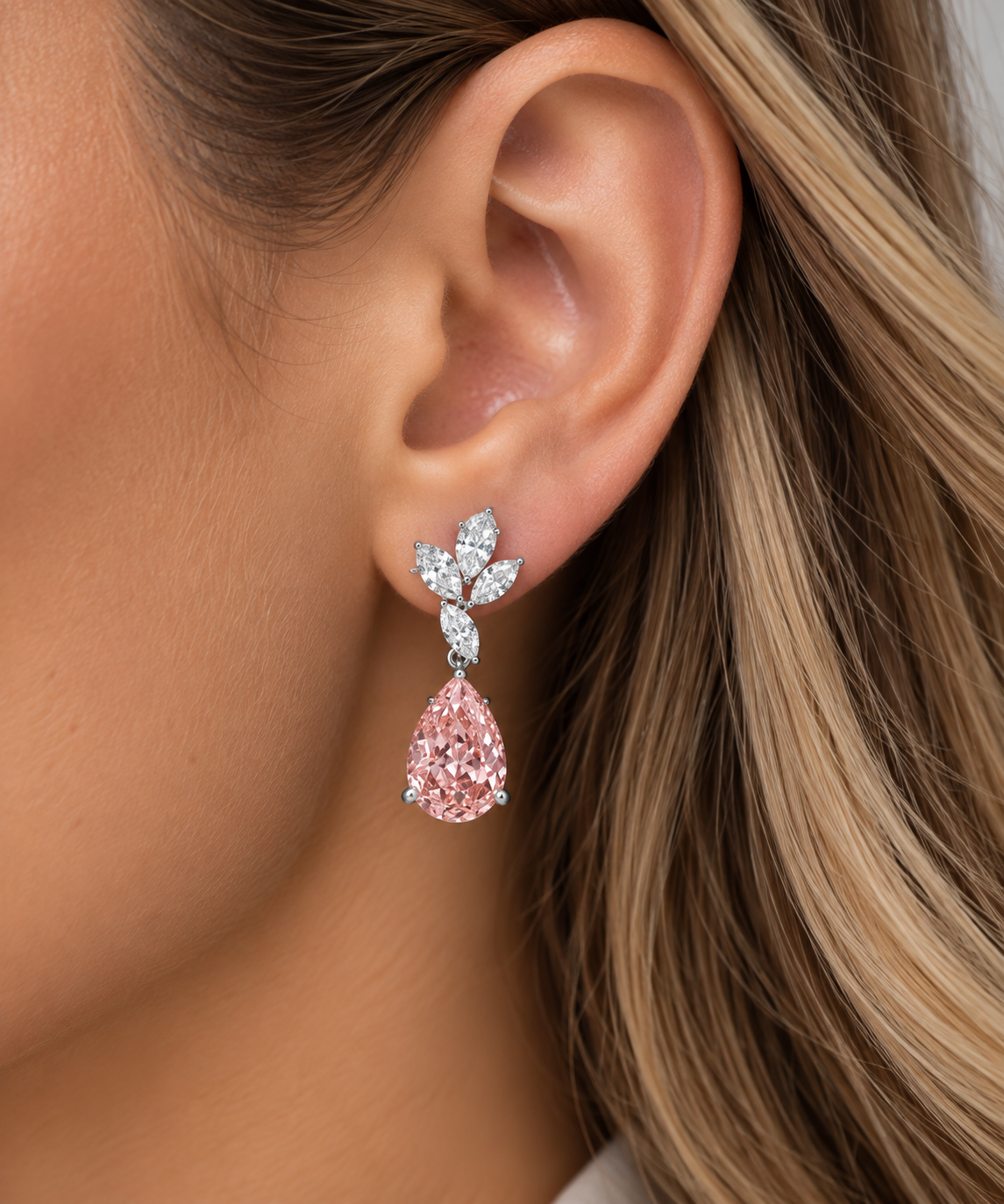 14K white gold drop earrings with pink and blue fancy diamonds from Colorlabdiamonds, featuring elegant gemstone accents.