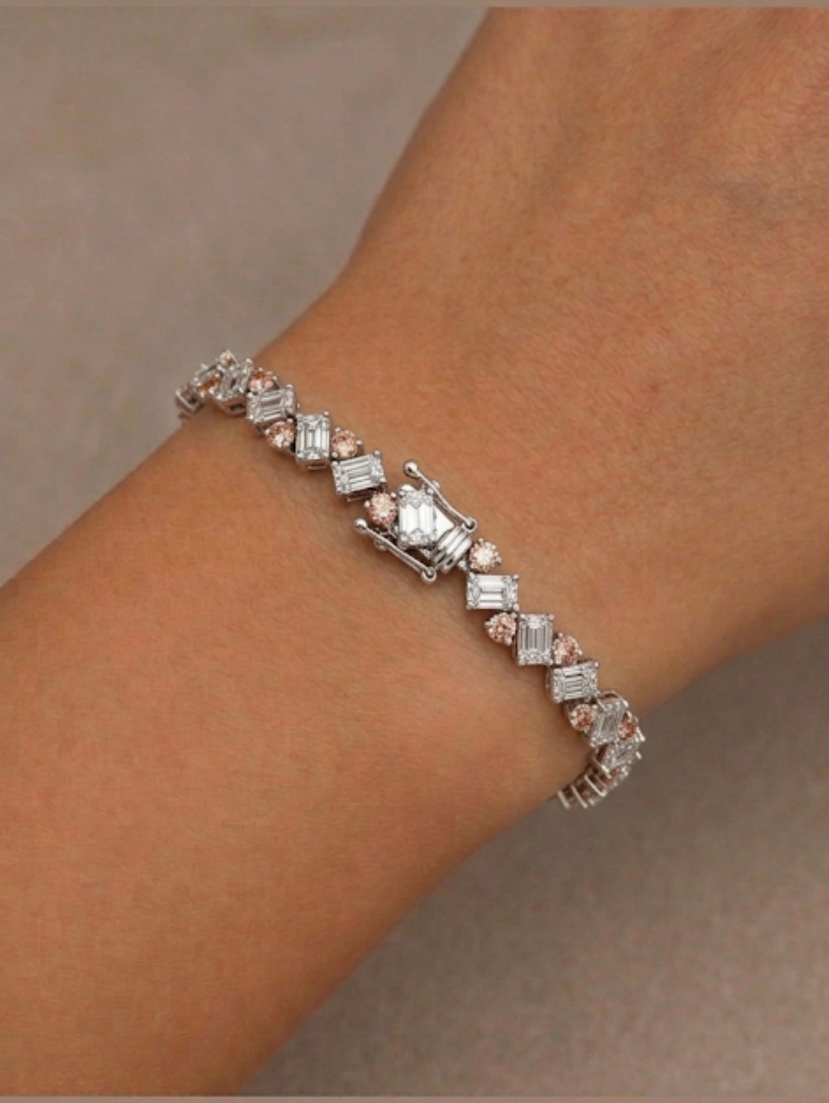 18KT White Gold Fancy Pink Round & White emerald  Cut Diamond Bracelet 9.68ctw