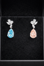 14KT white gold fancy pink and blue diamond drop earrings with sparkling gemstones and elegant design.