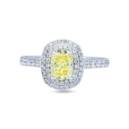 14K white gold fancy yellow cushion diamond halo ring with 1.79 carats, featuring a vibrant yellow center stone and sparkling diamond accents.