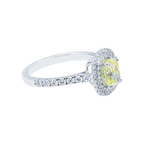 14K white gold fancy yellow cushion diamond halo ring with 1.79 carat total weight, featuring a luxurious, sparkling design.