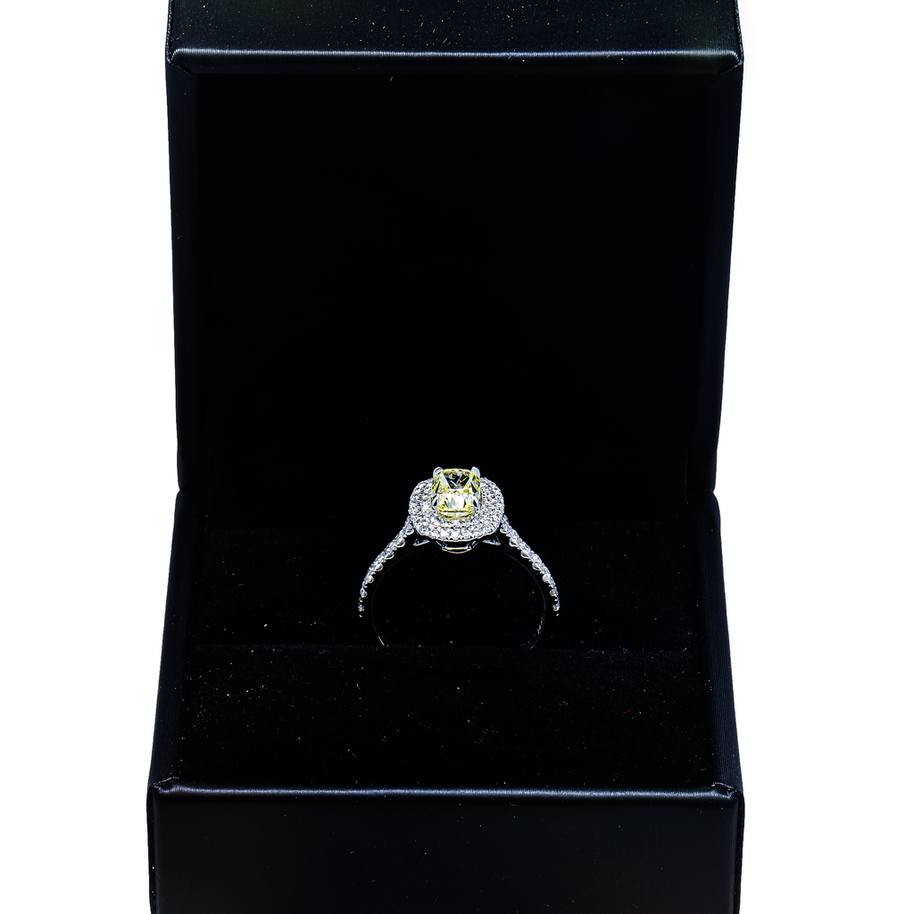14K white gold fancy yellow cushion diamond halo ring with 1.79 carats from Colorlabdiamonds, detailed close-up of the ring's design