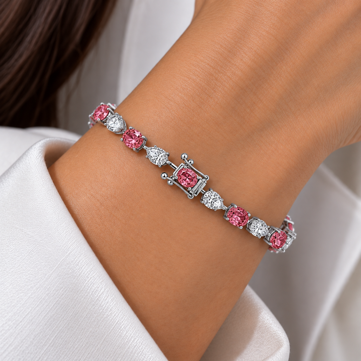 Colorlabdiamonds 18KT white gold pink and white diamond bracelet with oval and pear cut stones, 11.18 carats total weight.