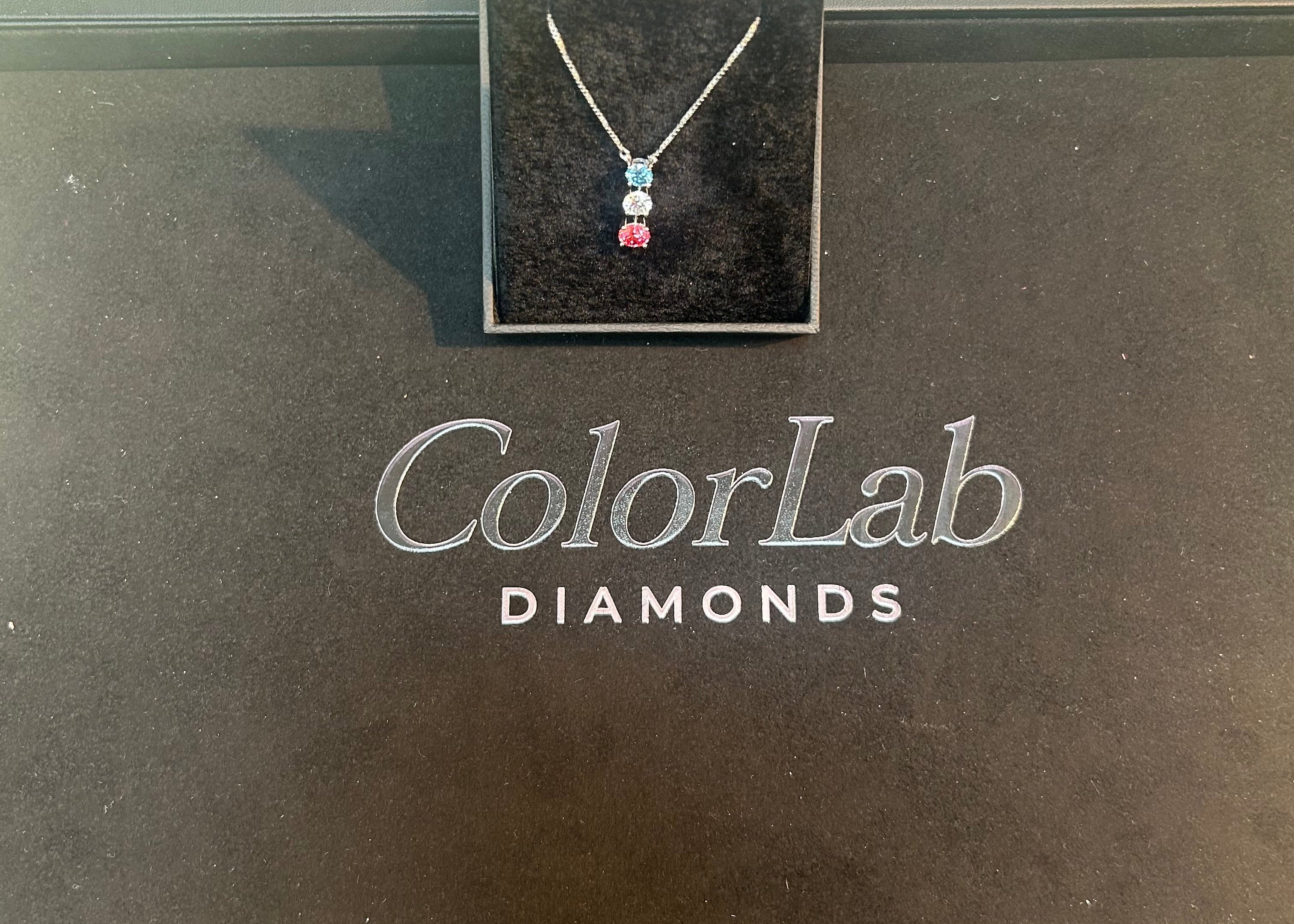 14KT white gold 3-tier fancy color pendant featuring vibrant gemstones, designed by Colorlabdiamonds.
