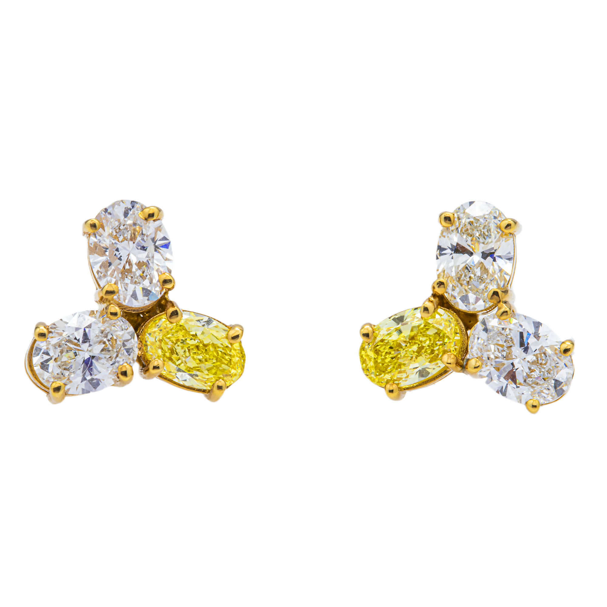 14KT Two Tone  Fancy Yellow Tri-studs Diamond  Earrings 3.20CTW
