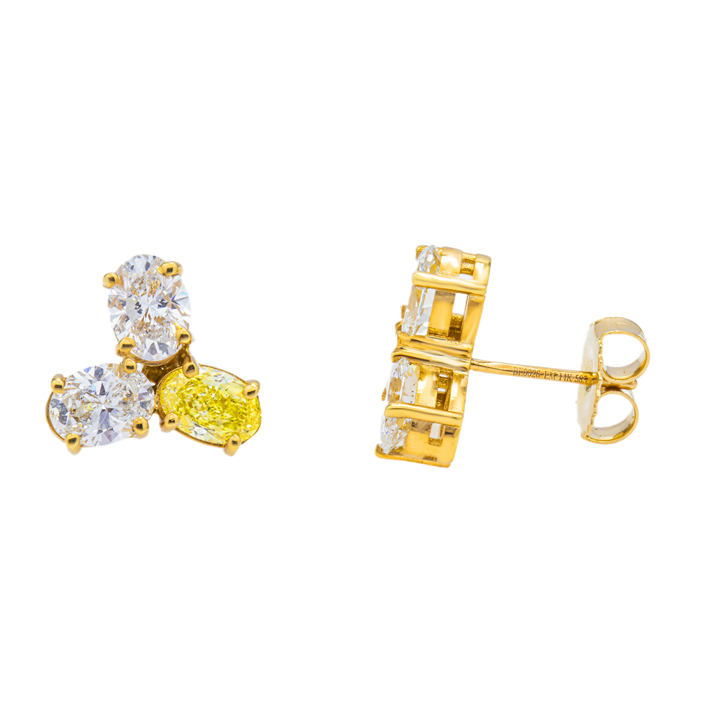 14KT Two Tone  Fancy Yellow Tri-studs Diamond  Earrings 3.20CTW