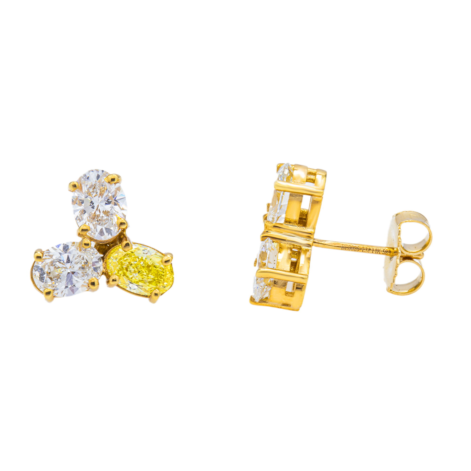 14KT Two Tone  Fancy Yellow Tri-studs Diamond  Earrings 3.20CTW