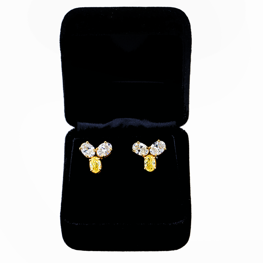 14KT Two Tone  Fancy Yellow Tri-studs Diamond  Earrings 3.20CTW