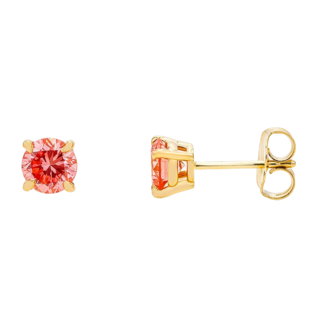 14K yellow gold pink diamond stud earrings with 1.00 carat total weight, featuring vibrant fancy pink diamonds by Colorlabdiamonds.