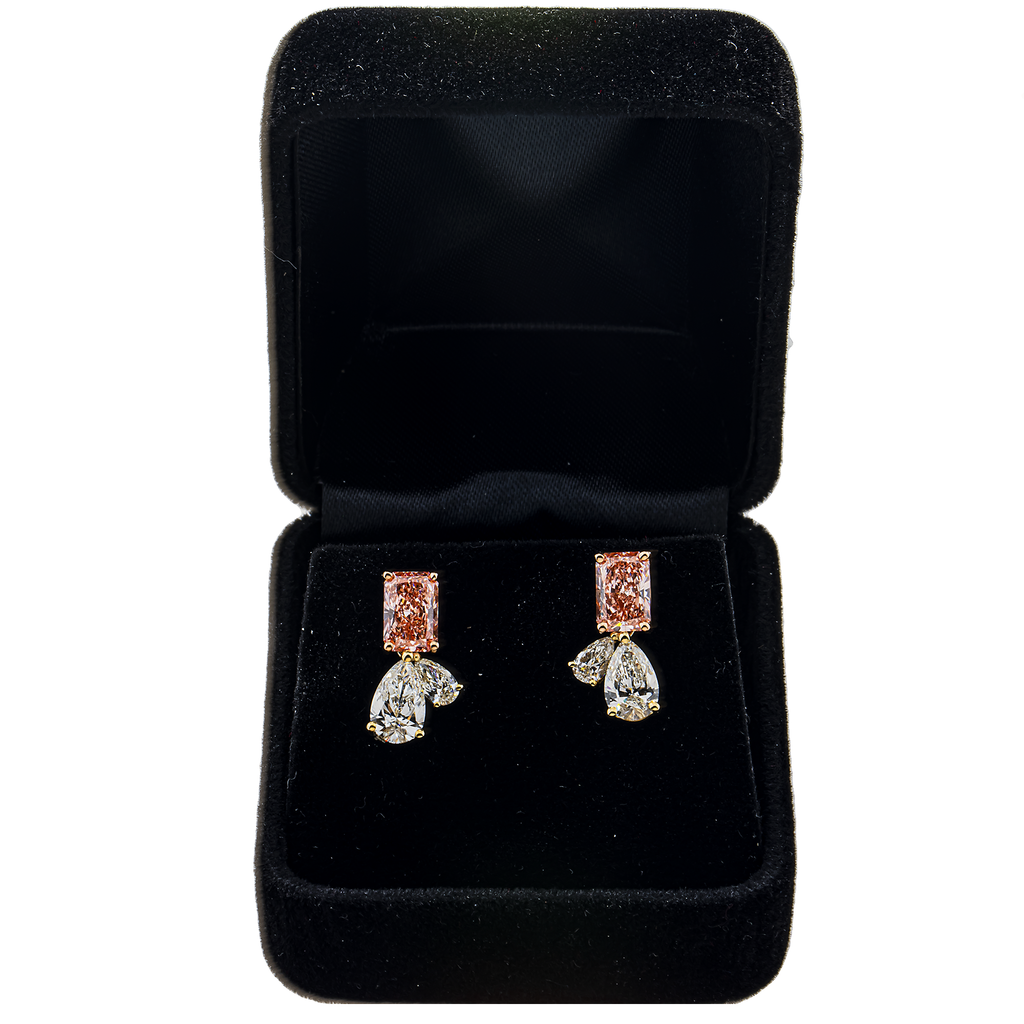 14K yellow gold fancy pink radiant drop earrings with 3.88 carats, featuring elegant and vibrant gemstone design.