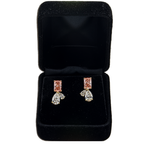 14K yellow gold fancy pink radiant drop earrings with 3.88 carats, featuring elegant and vibrant gemstone design.