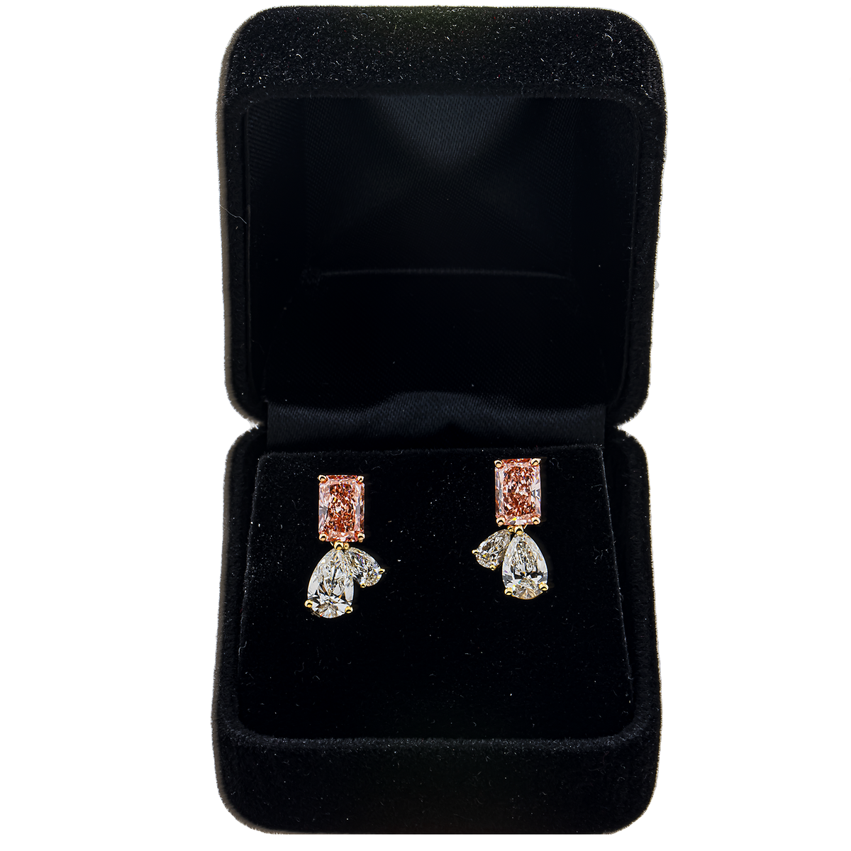 14K yellow gold fancy pink radiant drop earrings with 3.88 carats, featuring elegant and vibrant gemstone design.