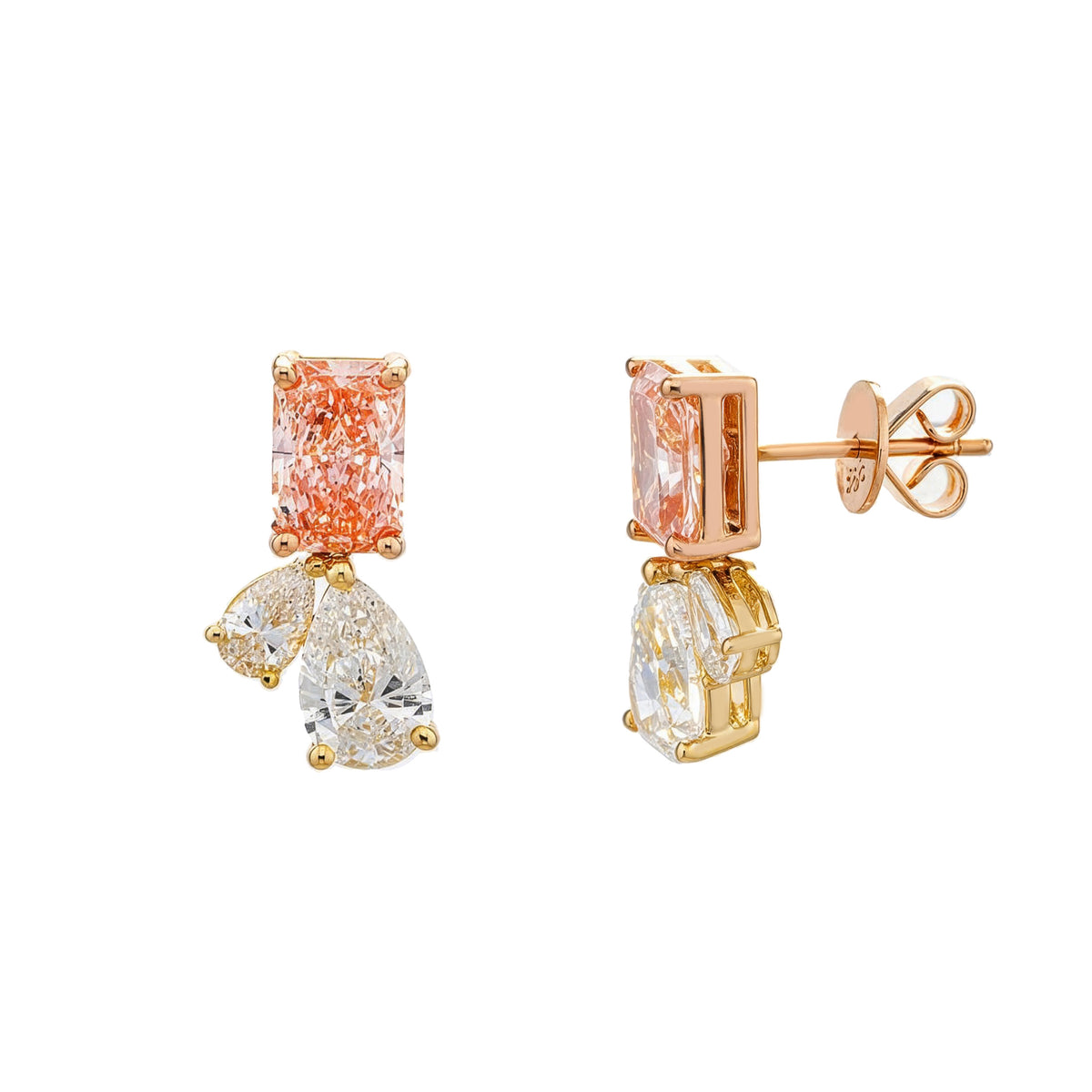 14K yellow gold pink radiant drop earrings with 3.88ctw from Colorlabdiamonds, featuring elegant and sparkling jewelry design.