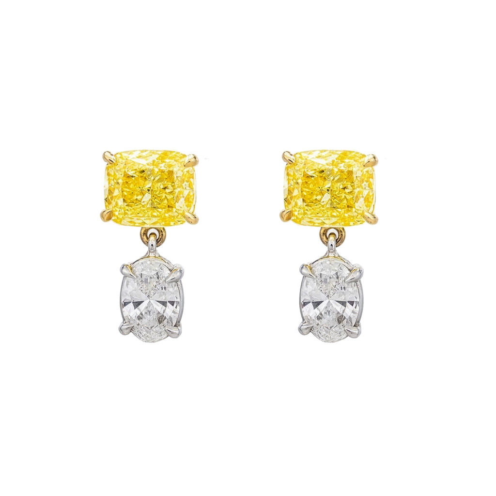 14K two-tone yellow and white gold cushion and oval drop earrings with 4.61ctw, featuring elegant jewelry design by Colorlabdiamonds