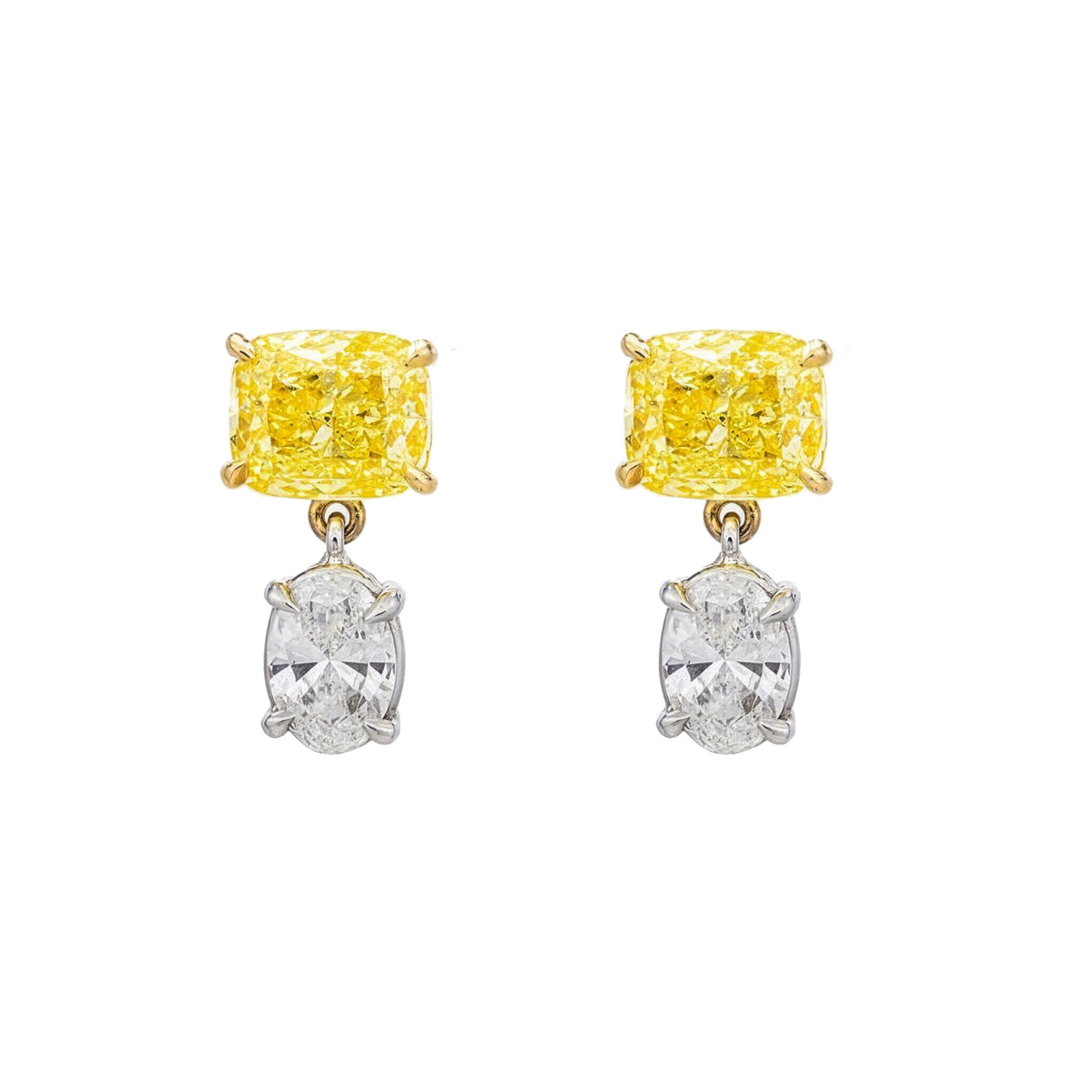 14K two-tone yellow and white gold cushion and oval drop earrings with 4.61ctw, featuring elegant jewelry design by Colorlabdiamonds