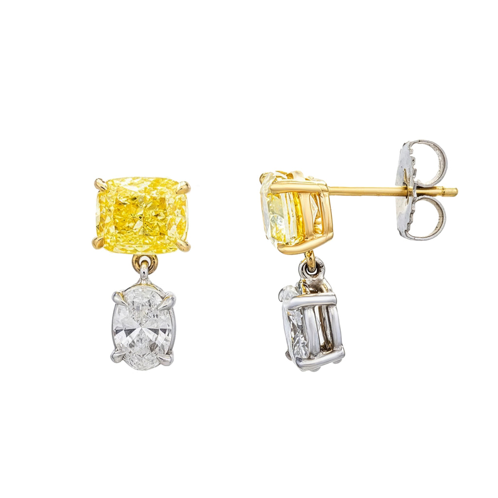 14KT two-tone yellow and white gold cushion and oval drop earrings with 4.61 carats from Colorlabdiamonds.