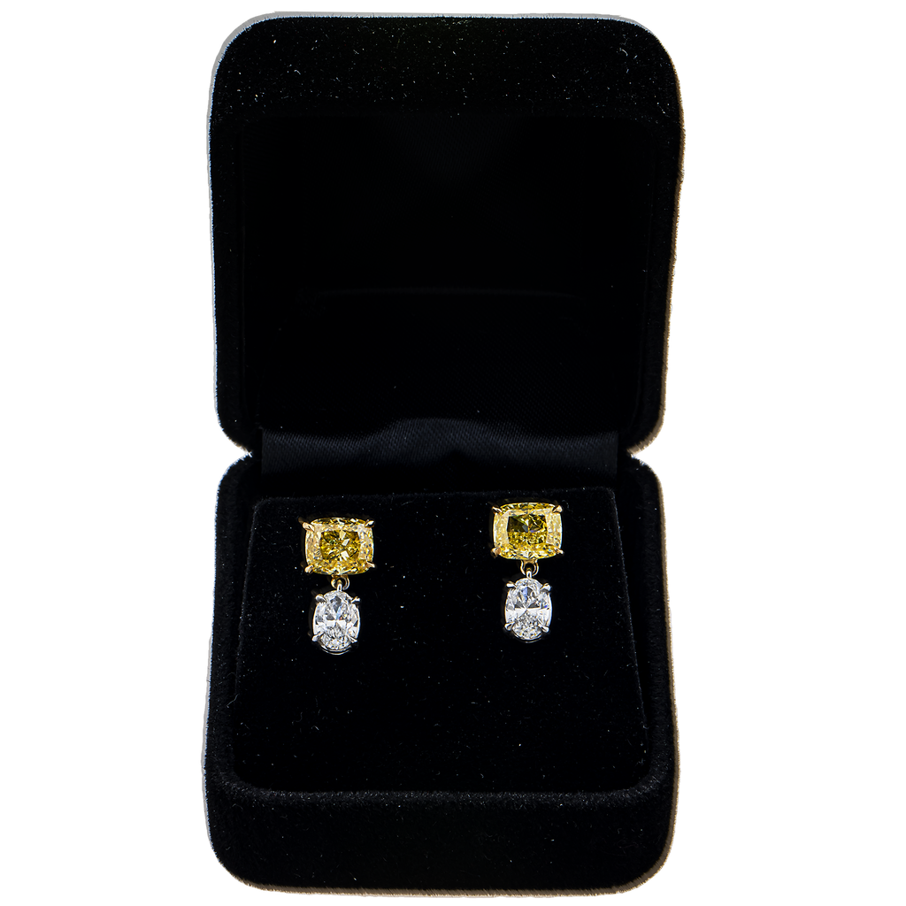 14K two-tone yellow and white gold cushion and oval drop earrings with 4.61 carats from Colorlabdiamonds.