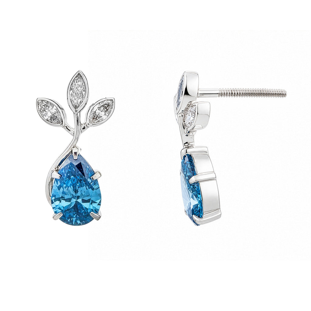 Colorlabdiamonds 18K white gold fancy blue pear cut earrings with 2.43ctw featuring elegant, vibrant blue gemstone drops.
