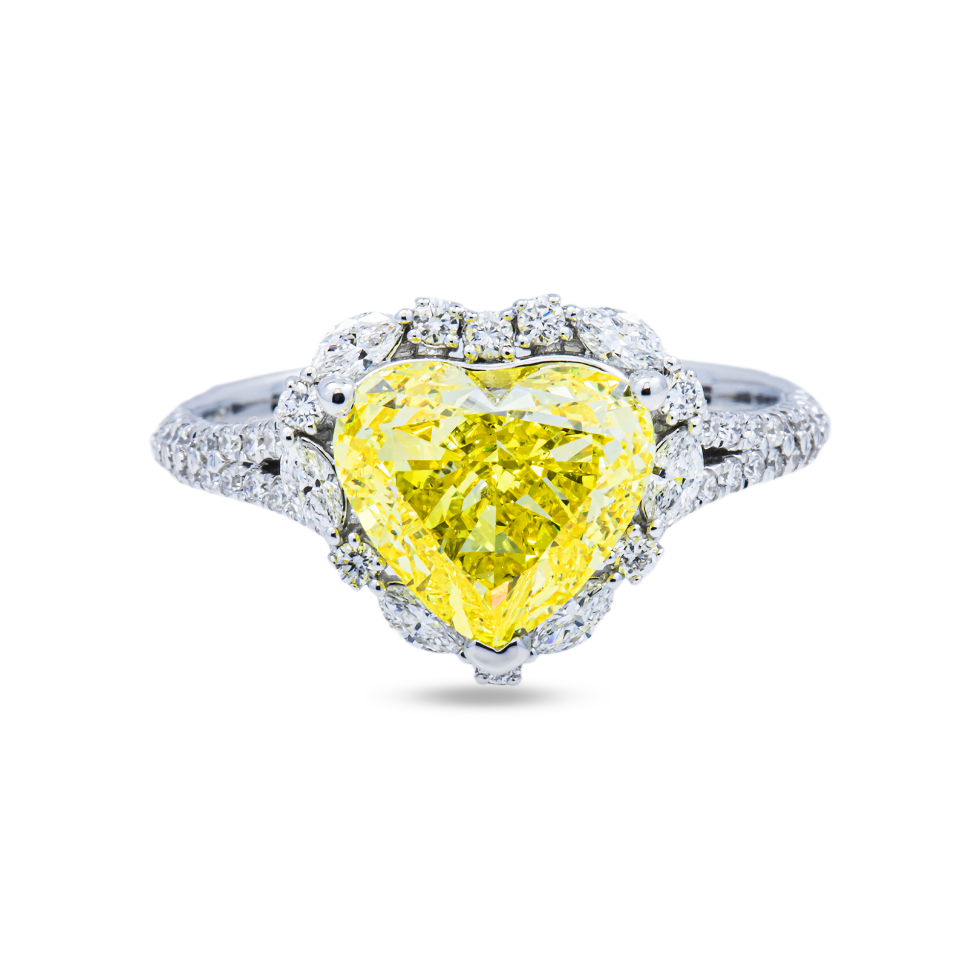 14KT White Gold Fancy Yellow Heart Diamond Halo Pave Ring 3.69ctw