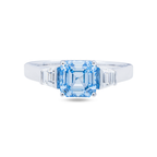 14KT white gold fancy blue Asscher cut diamond ring with intricate design, showcasing the elegant gemstone setting.
