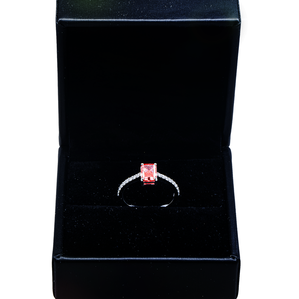 14K white gold diamond ring with a vivid pink radiant cut diamond, 1.19 carats, from Colorlabdiamonds.
