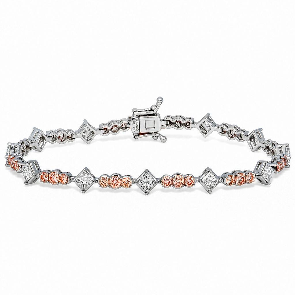 18KT White Gold Fancy Pink Round & Princess Cut Diamond Bracelet 4.50ctw