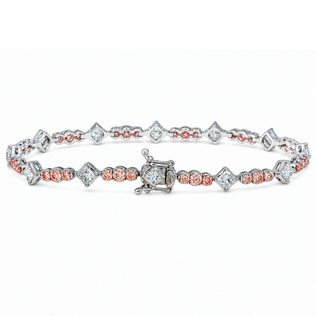 18KT White Gold Fancy Pink Round & Princess Cut Diamond Bracelet 4.50ctw