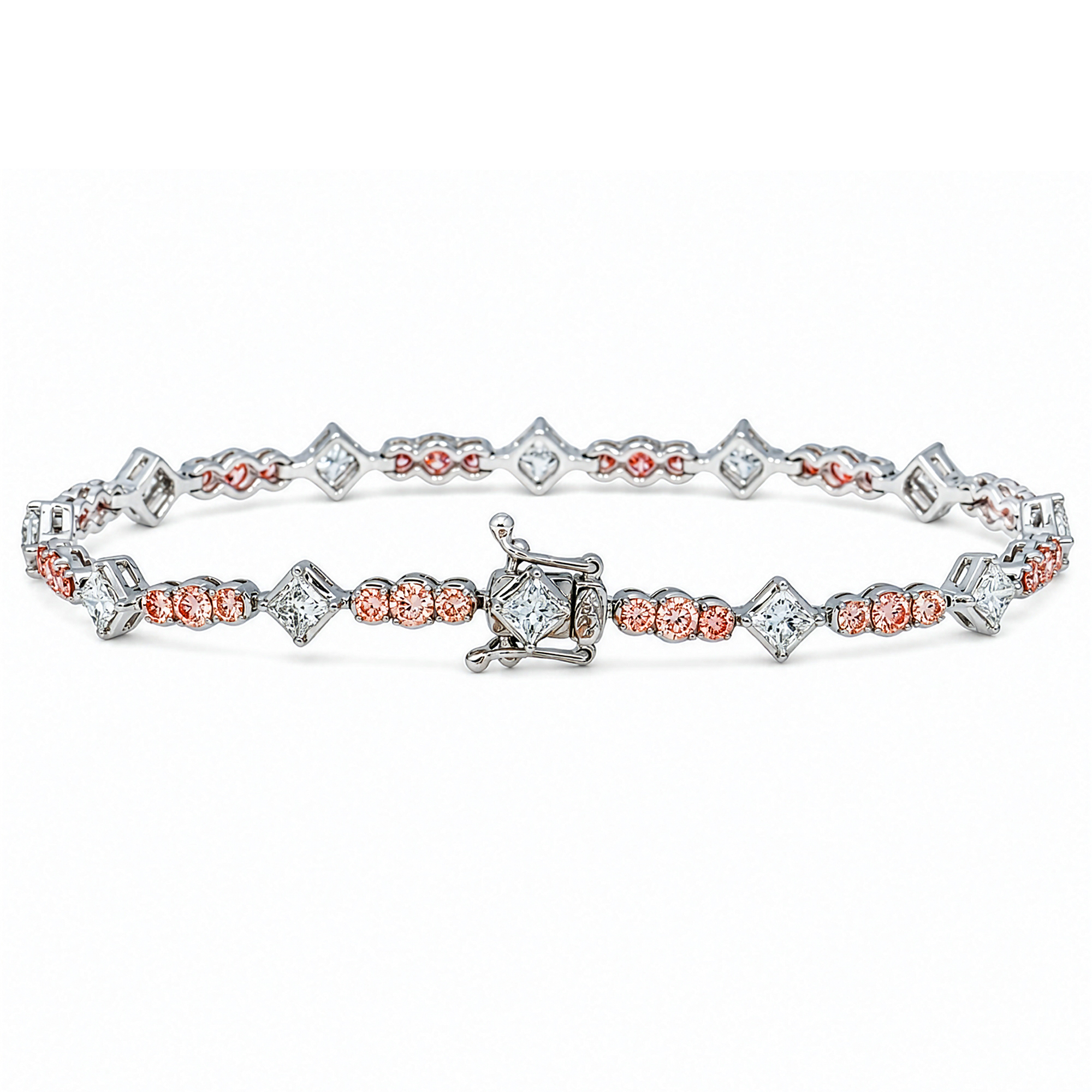 18KT White Gold Fancy Pink Round & Princess Cut Diamond Bracelet 4.50ctw