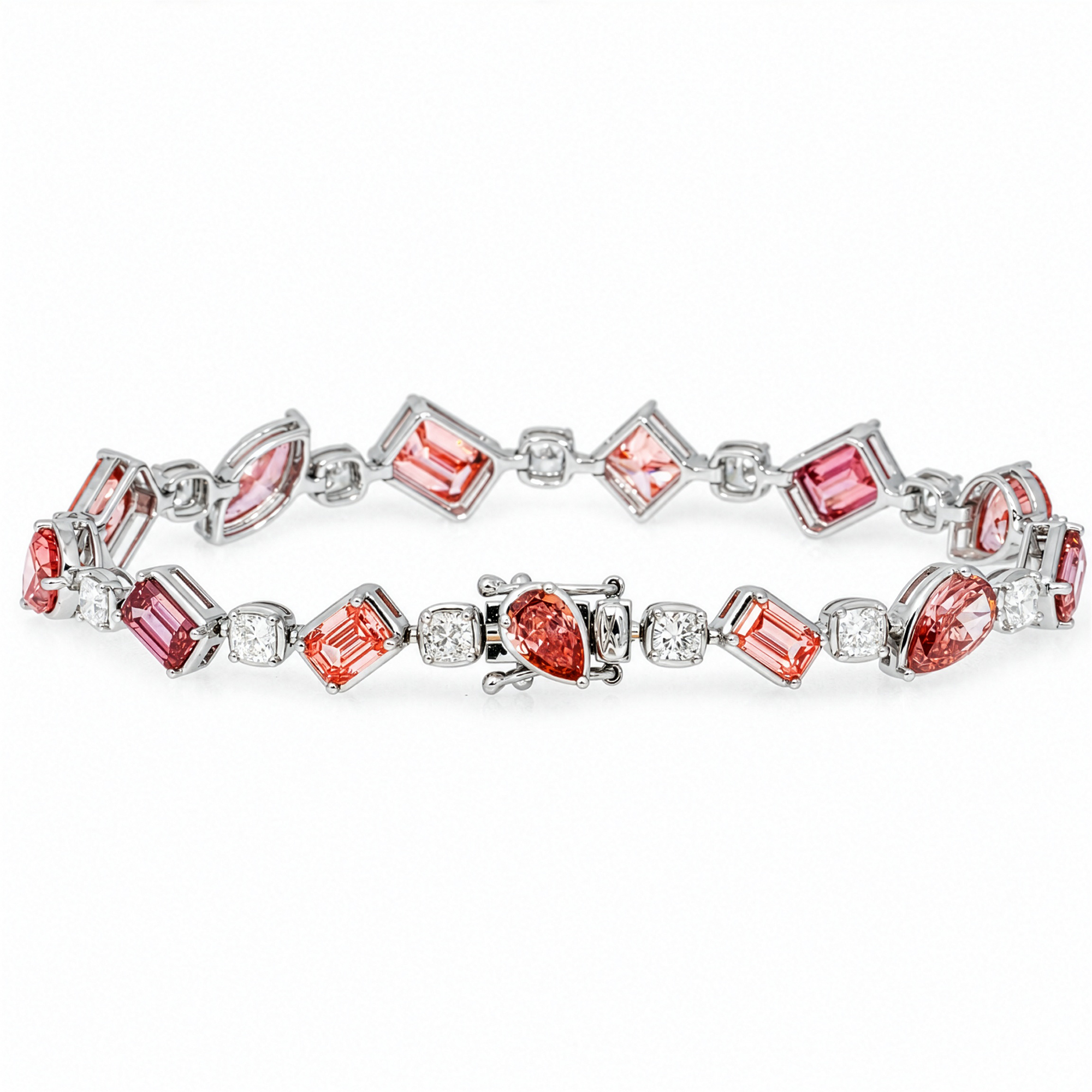 18K white gold pink diamond bracelet with multi-cut diamonds totaling 14.25 carats, featuring elegant and sparkling design.