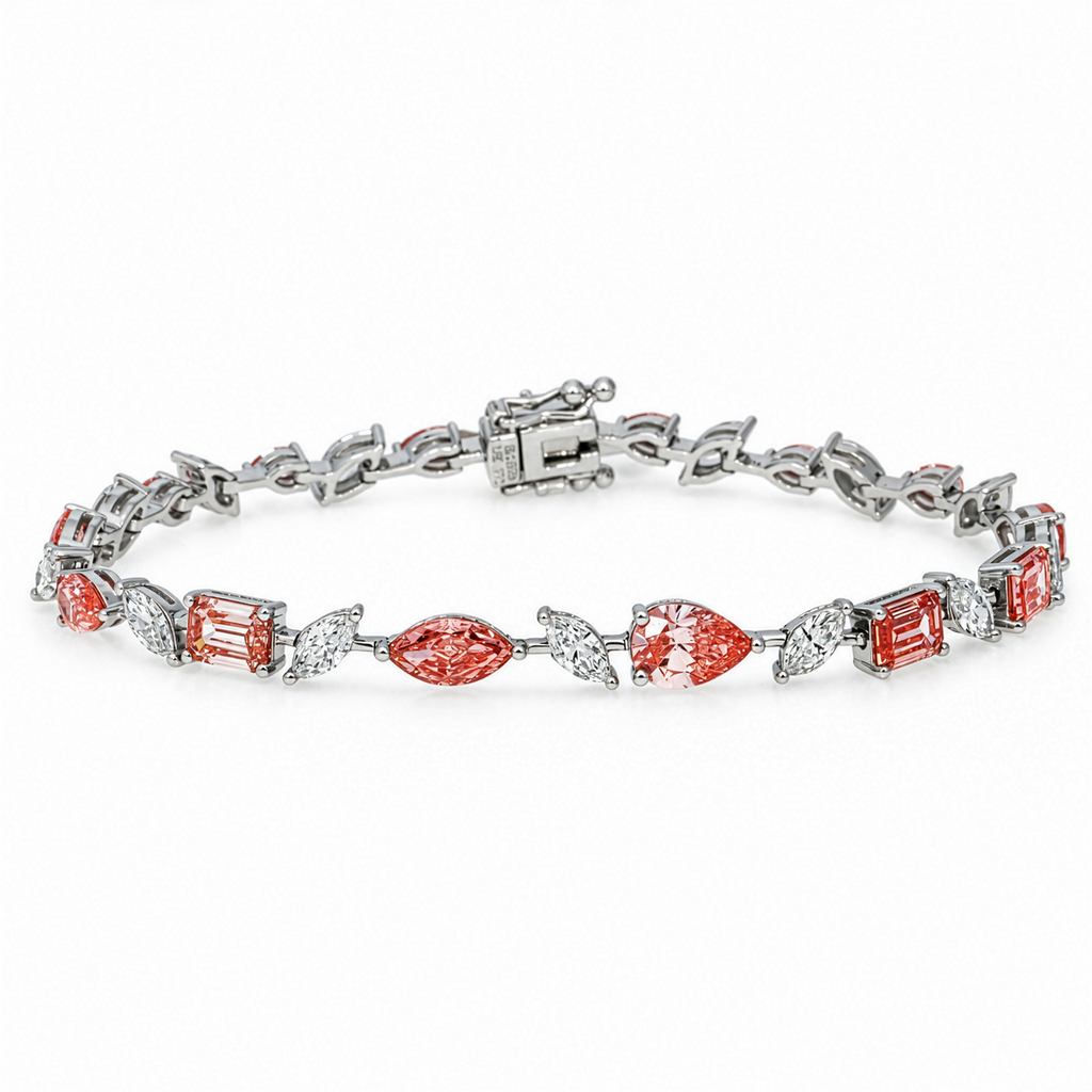 18KT white gold diamond bracelet with pink pear, marquise, and emerald cut diamonds from Colorlabdiamonds.