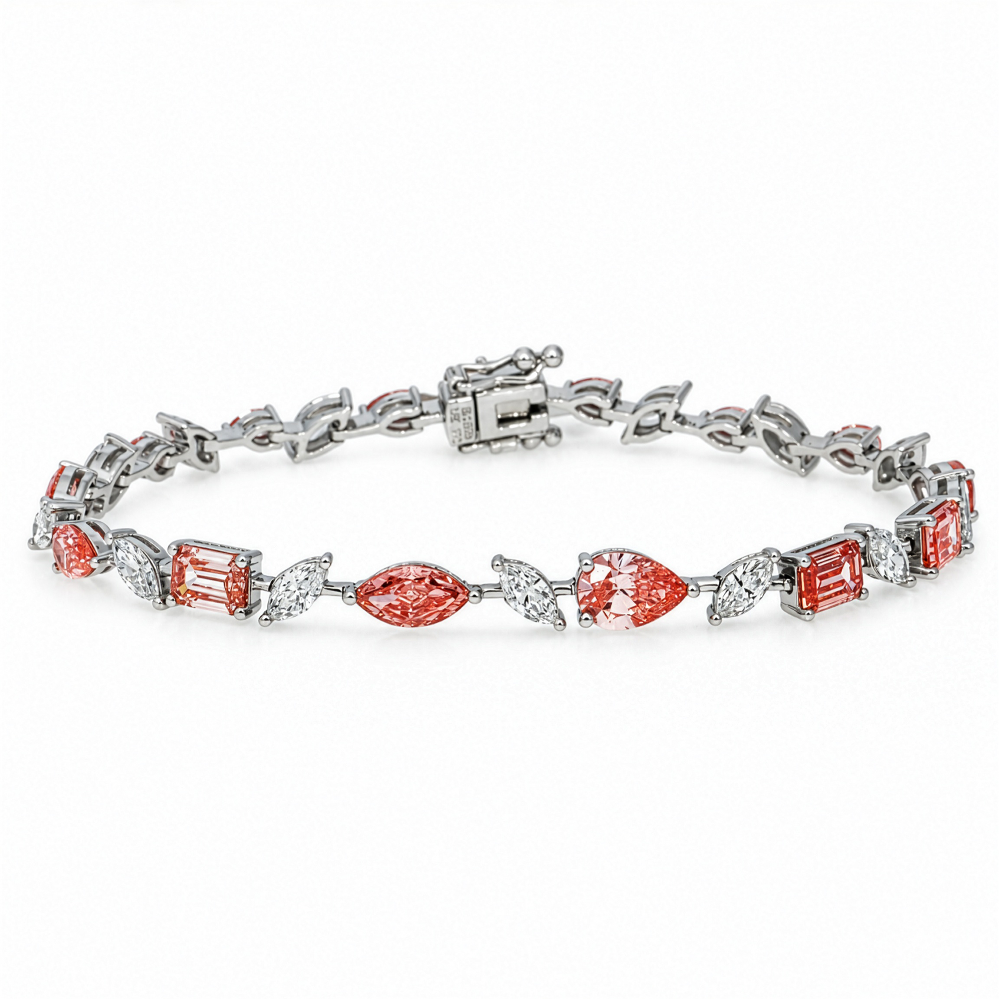 18KT white gold diamond bracelet with pink pear, marquise, and emerald cut diamonds from Colorlabdiamonds.