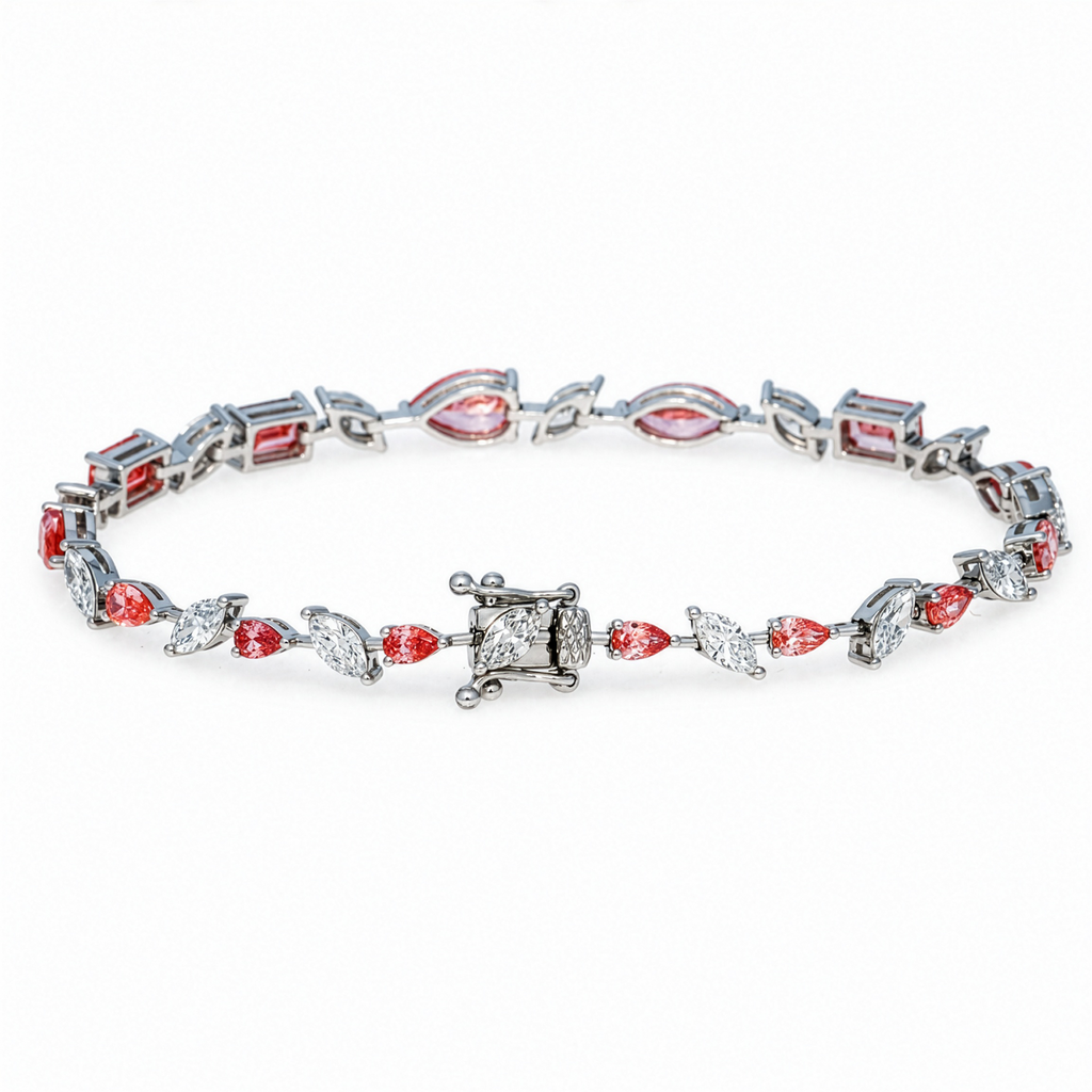 18K white gold diamond bracelet featuring pink pear, marquise, and emerald cut diamonds by Colorlabdiamonds.