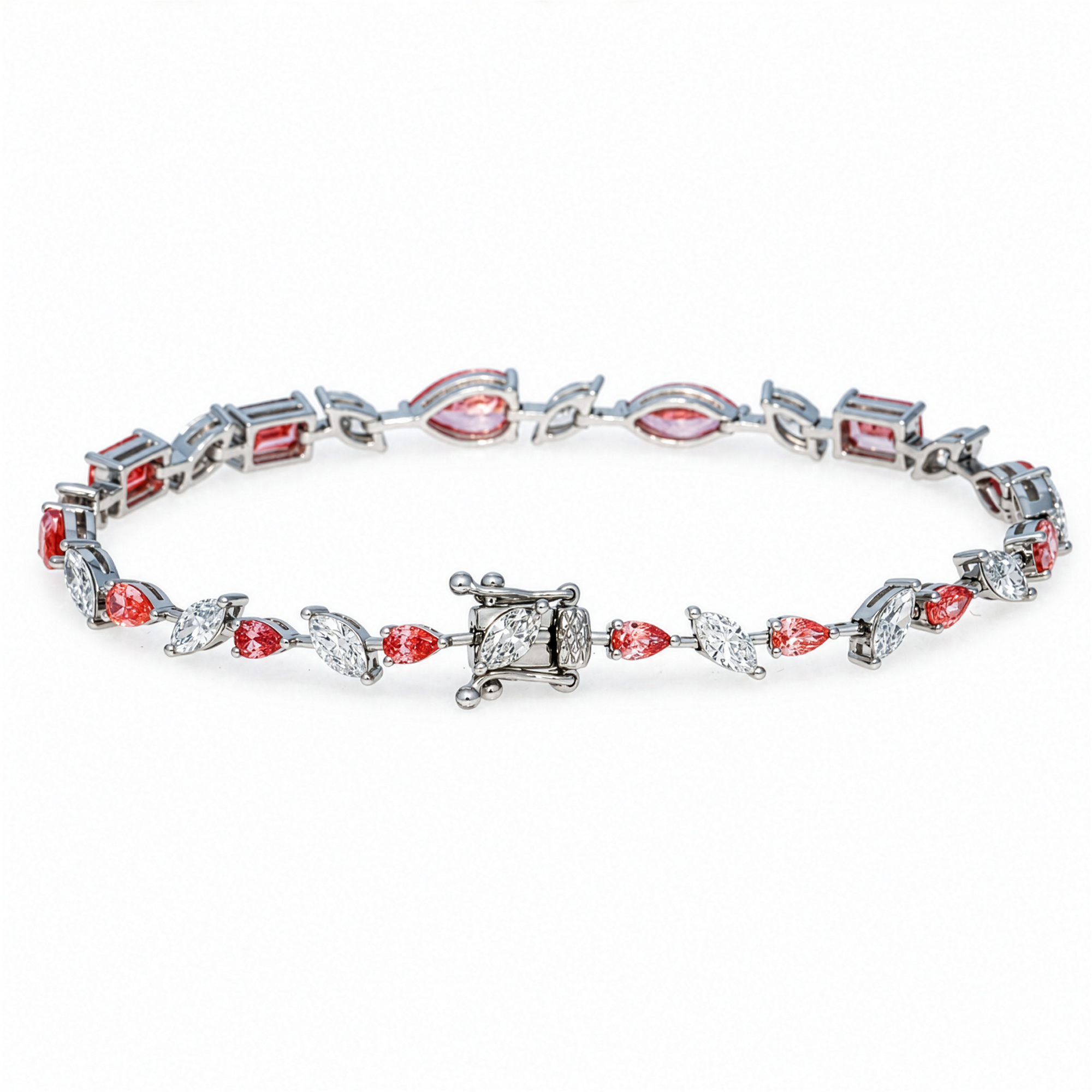 18K white gold diamond bracelet featuring pink pear, marquise, and emerald cut diamonds by Colorlabdiamonds.