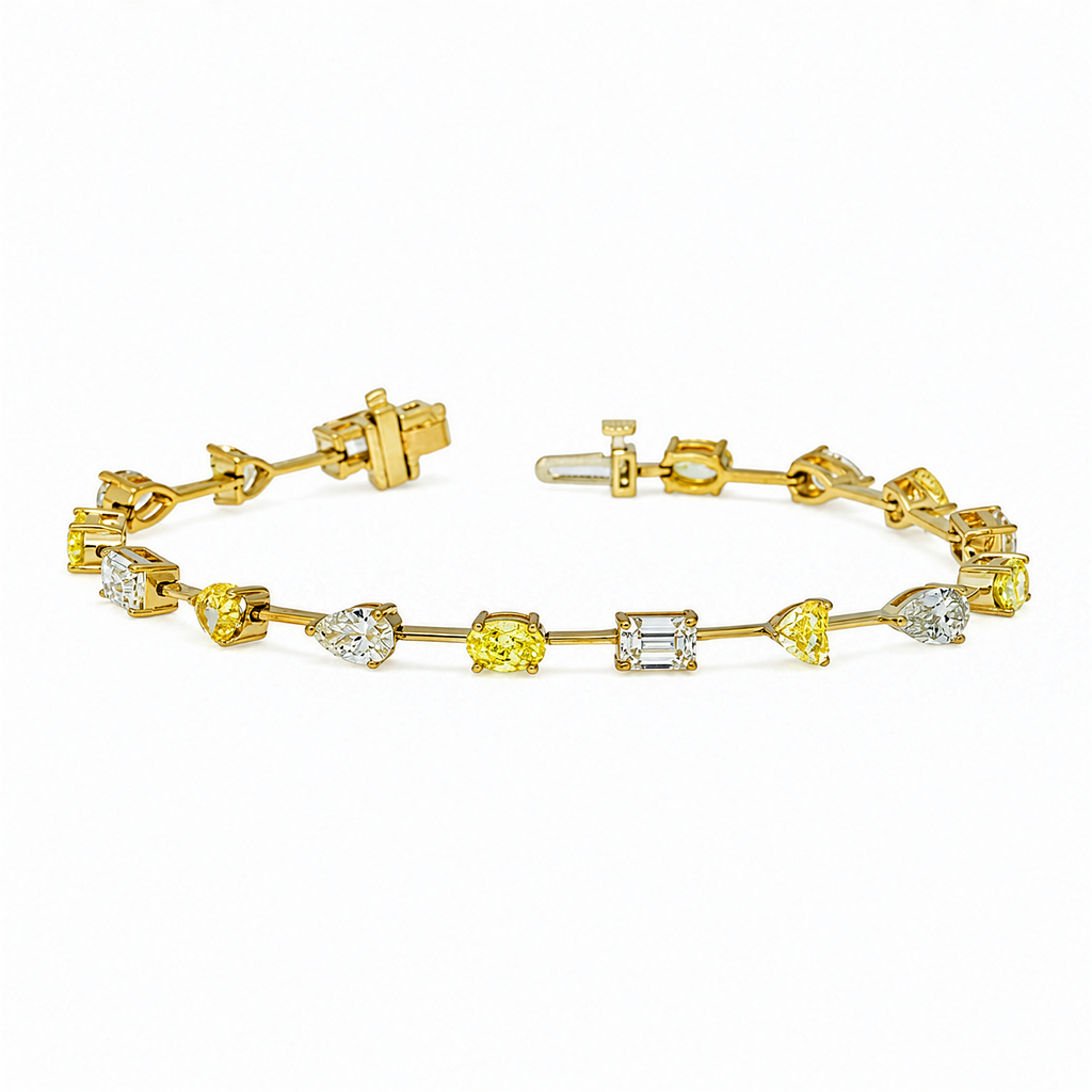 14K yellow gold diamond bracelet with mixed cut yellow and white diamonds, 8.49 carats, from Colorlabdiamonds.