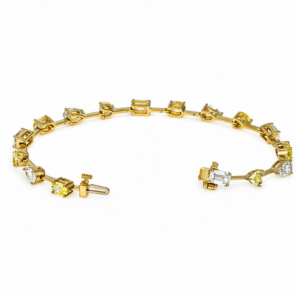 14K yellow gold diamond bracelet featuring mixed cut yellow and white diamonds totaling 8.49 carats by Colorlabdiamonds.