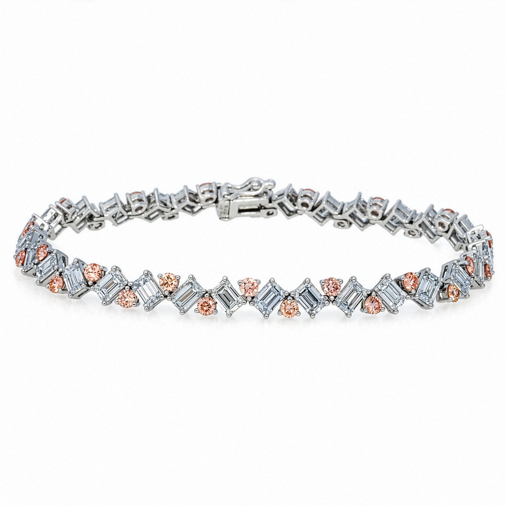 Colorlabdiamonds 18KT white gold pink and white diamond bracelet with round and emerald cuts, 9.68 carats total weight.