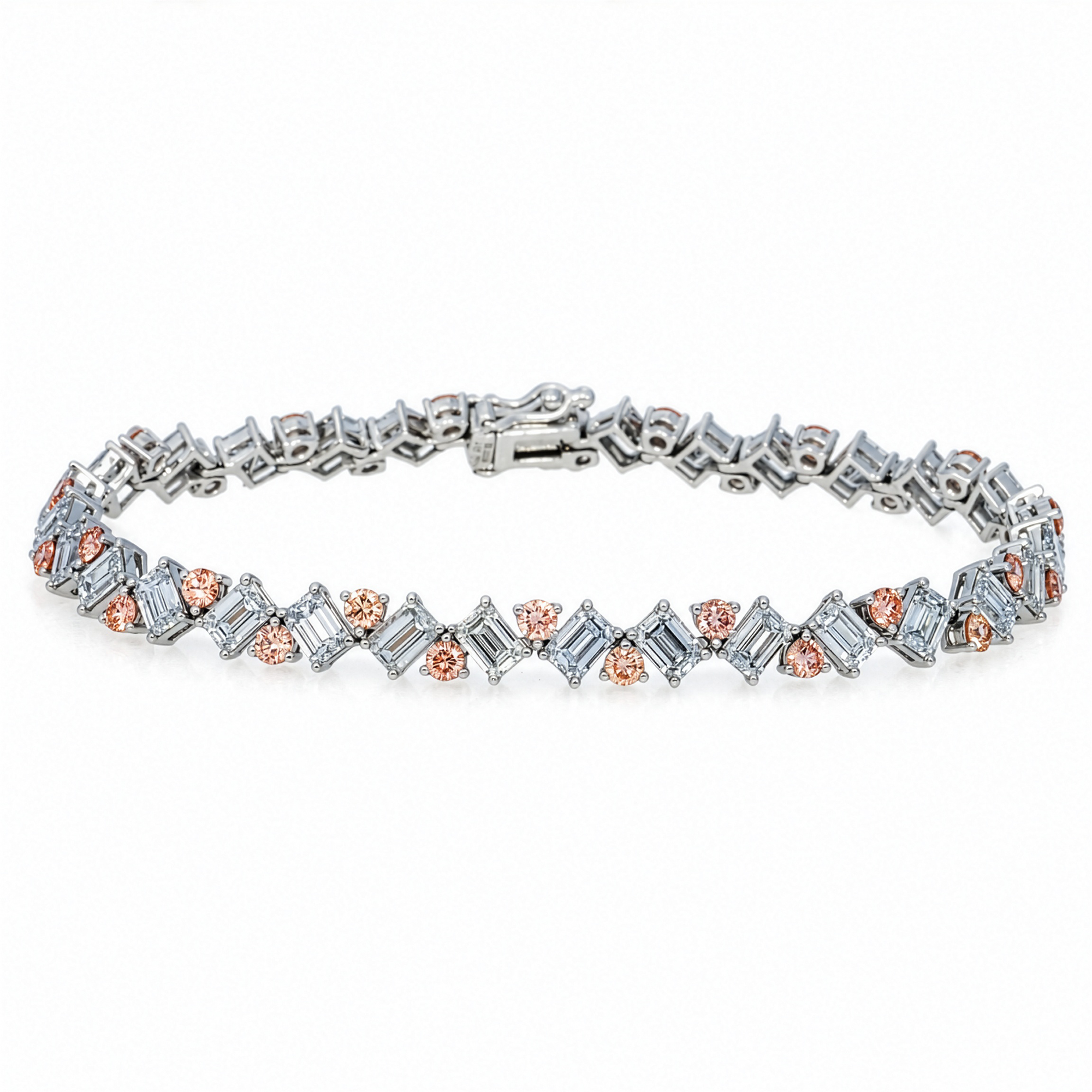 Colorlabdiamonds 18KT white gold pink and white diamond bracelet with round and emerald cuts, 9.68 carats total weight.