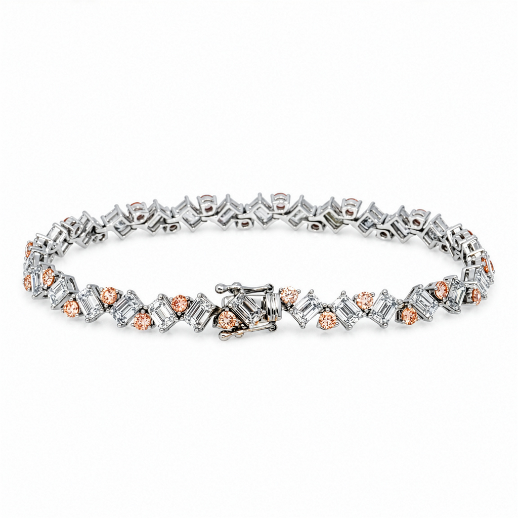 18KT white gold diamond bracelet with pink and white emerald cut diamonds, featuring 9.68 carats from Colorlabdiamonds.