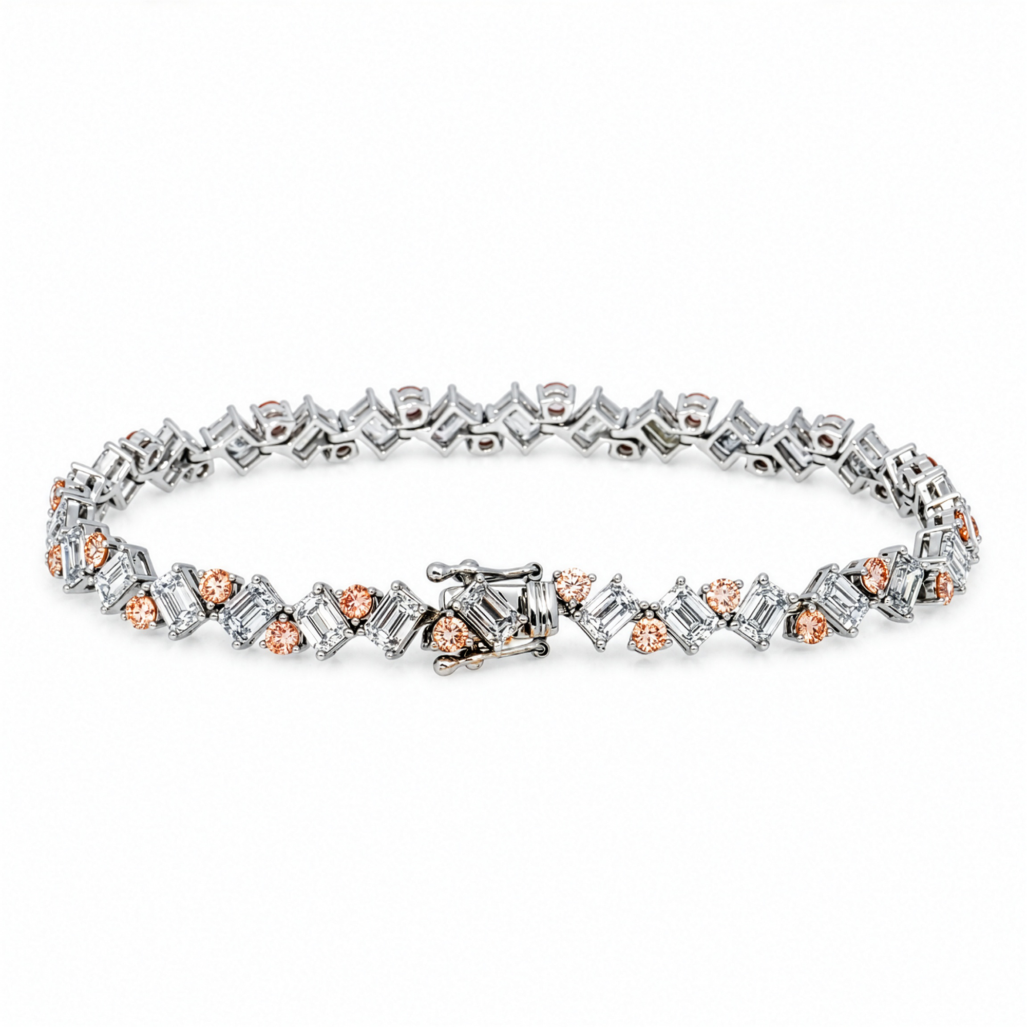 18KT white gold diamond bracelet with pink and white emerald cut diamonds, featuring 9.68 carats from Colorlabdiamonds.