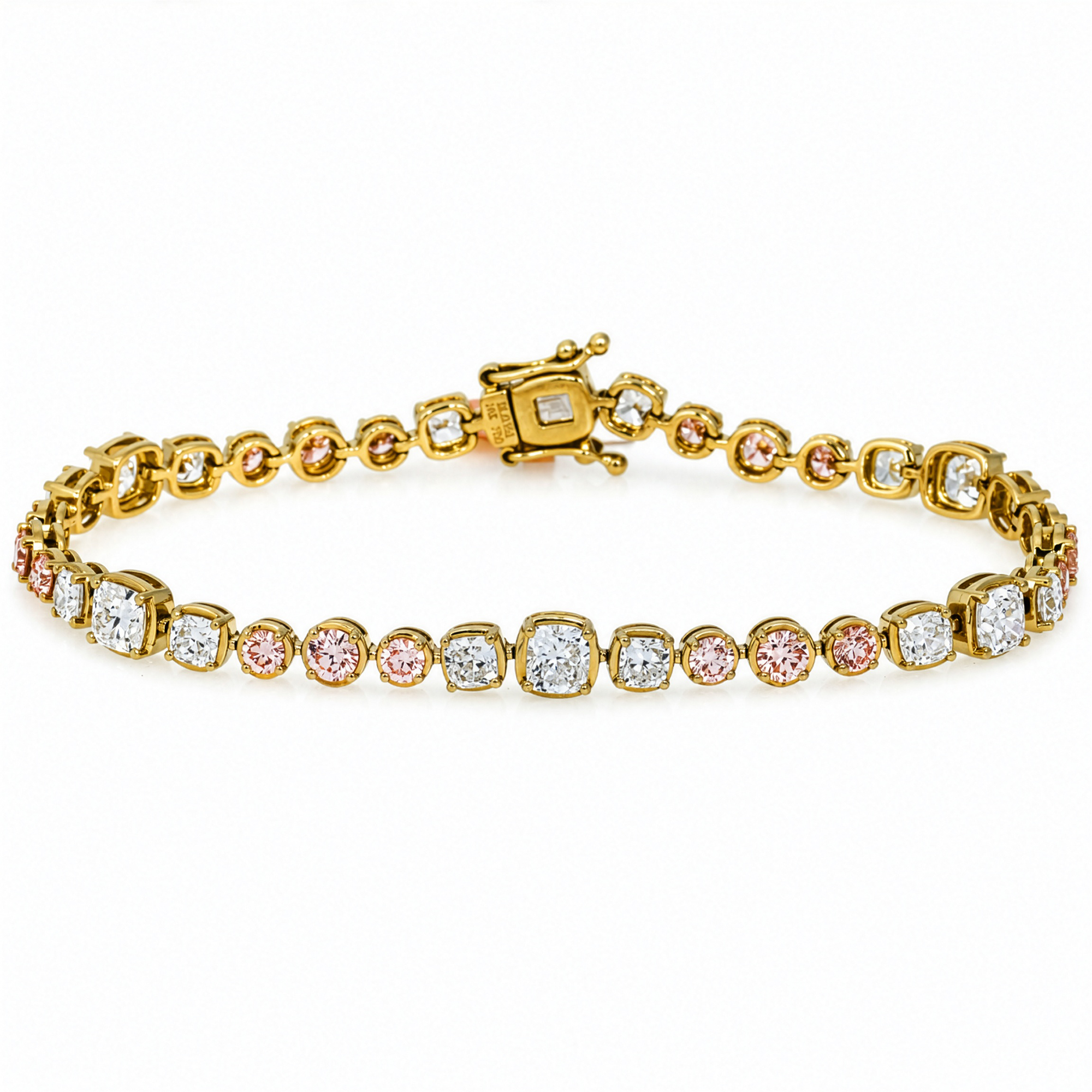 18K yellow gold pink and white diamond bracelet with round and cushion cut diamonds, 6.31 carats, by Colorlabdiamonds.