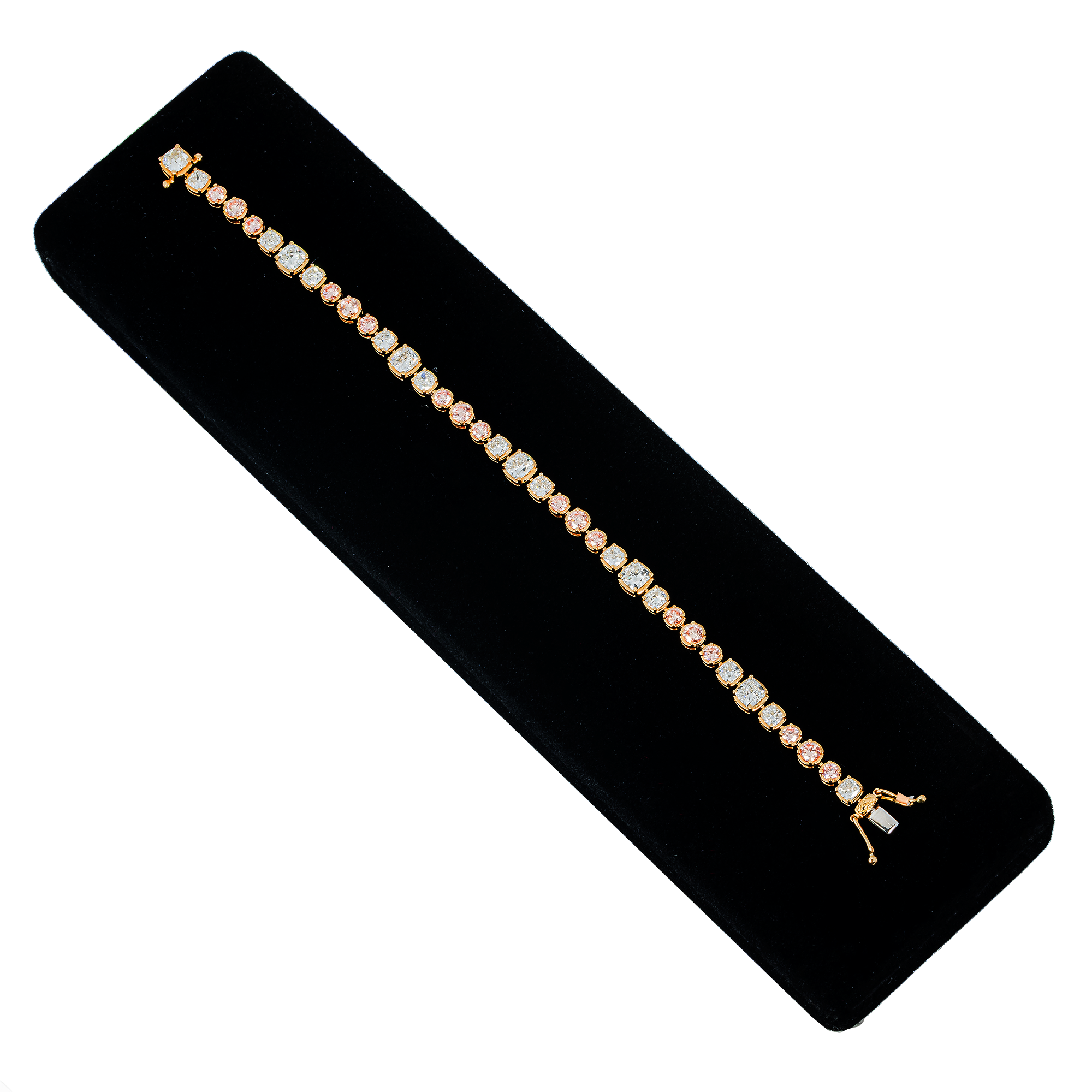 Colorlabdiamonds 18KT yellow gold pink and white diamond bracelet with round and cushion cut stones, 6.31 carats total weight.