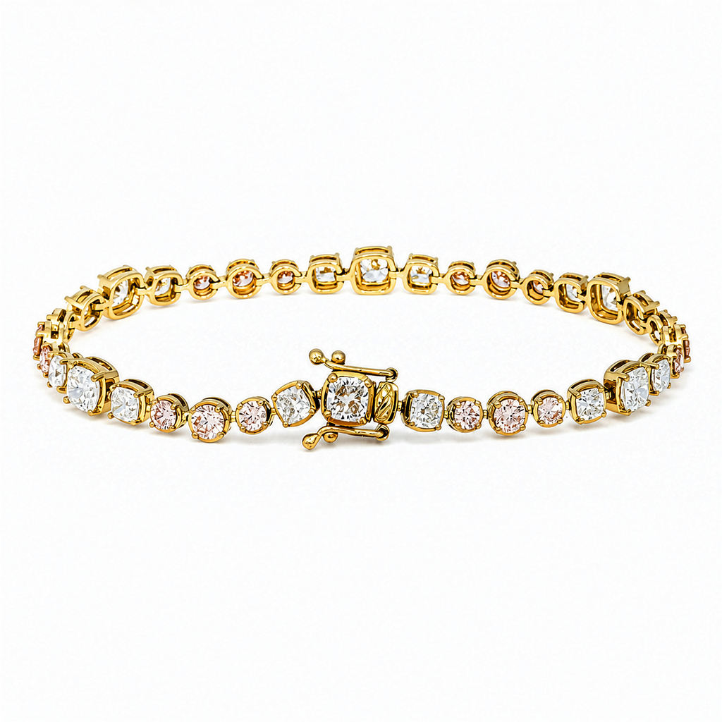 Colorlabdiamonds 18KT yellow gold pink and white diamond bracelet with round and cushion-cut diamonds, 6.31 carats total weight.