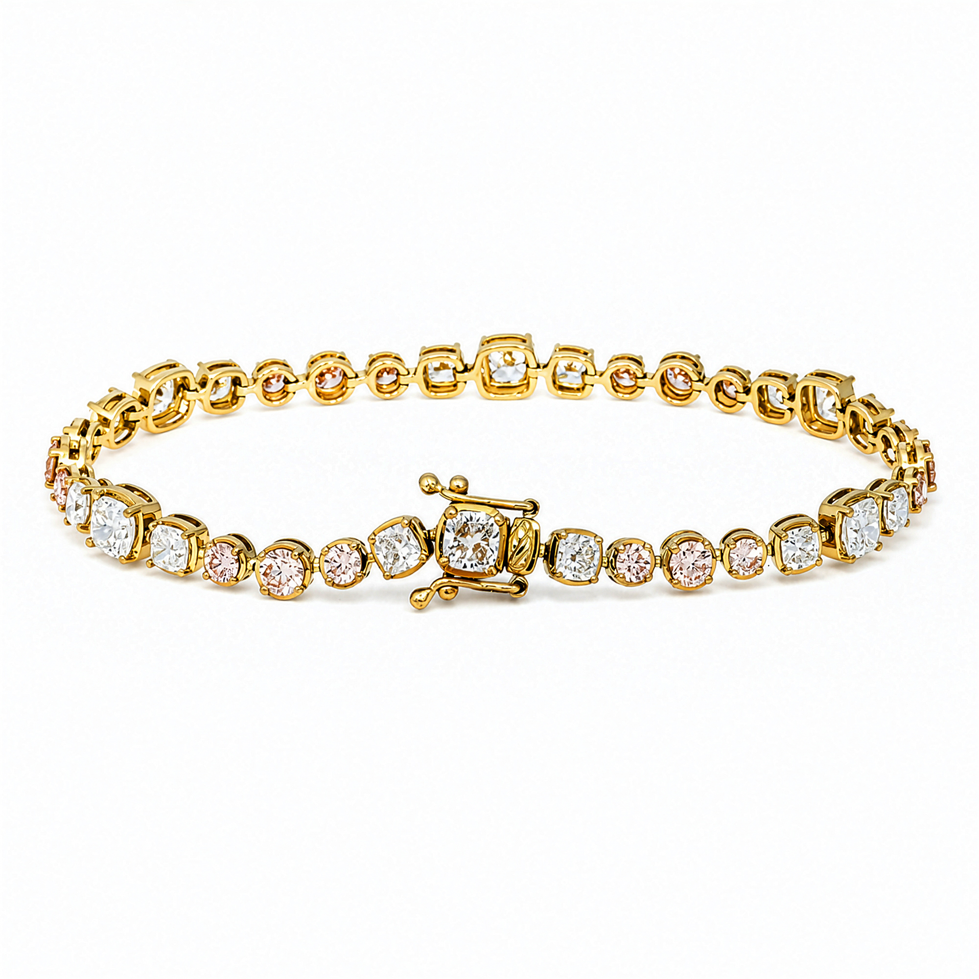 Colorlabdiamonds 18KT yellow gold pink and white diamond bracelet with round and cushion-cut diamonds, 6.31 carats total weight.